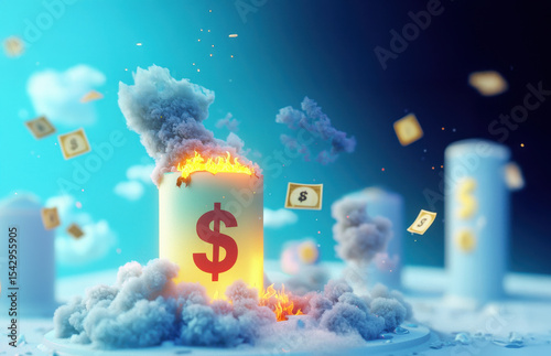 A candle with a dollar sign is burning intensely, surrounded by smoke and flying dollar bills, symbolizing financial stress or rapid money loss.
