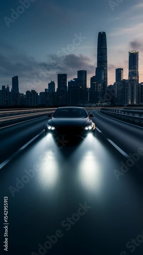 Black car is speeding along a highway with bright headlights, set against a breathtaking city skyline at sunset, highlighting the dynamic energy of urban life and modern transportation