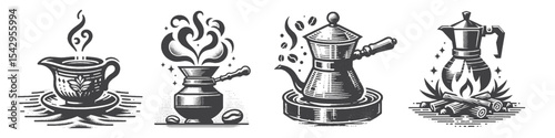 Vintage Hand-Drawn Coffee Pots Arabic Collection Illustration, Traditional Beverage Engraved Style Vector for T-Shirts and Middle Eastern Themes Design