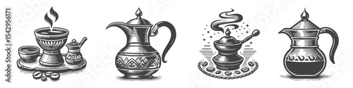 Vintage Hand-Drawn Arabic Coffee Pots Collection Illustration, Traditional Beverage Engraved Style Vector for T-Shirts and Middle Eastern Themes Design