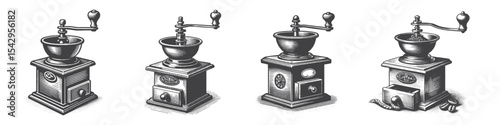 Vintage Hand-Drawn Traditional Coffee Grinder Collection Illustration, Kitchen Tool Engraved Style Vector for T-Shirts and Vintage Cafe Themes Design