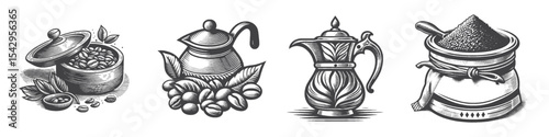 Vintage Hand-Drawn Coffee Bean and Coffee Pots Collection Illustration, Beverage Engraved Style Vector for T-Shirts and Café Themes Design