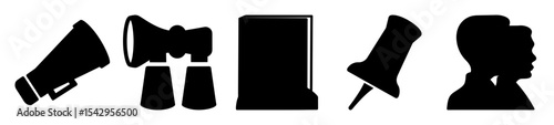 Black silhouette graphic icons representing communication, office supplies and human connection