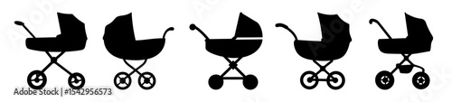 Silhouetted Baby Strollers in Various Styles and Designs Standing in a Row