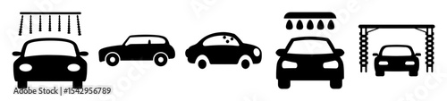Black and White Pictograms Illustrating Cars Moving Through Different Stages of a Car Wash