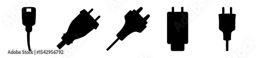 Silhouette illustration of five different styles of electrical plugs on white background