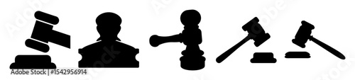 Multiple black silhouette illustrations of judges with gavel and sounding blocks