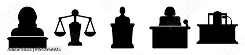 Silhouettes of law related icons representing the judicial system and law