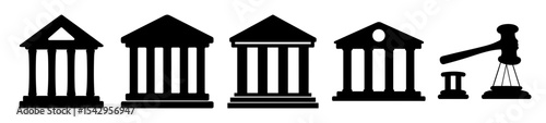 Stylized silhouettes of justice buildings and scales of justice concept illustration