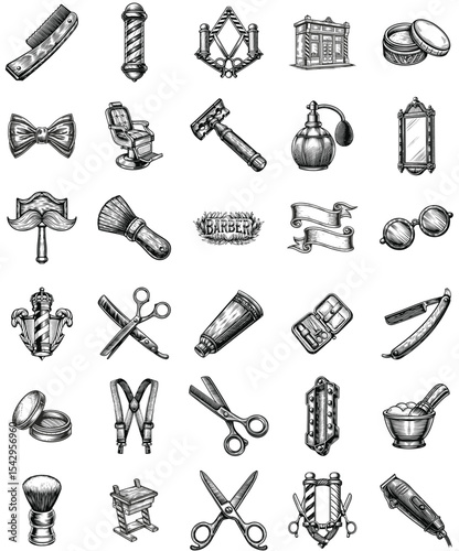 Set of vector illustrations for Barber Shop. Classic barber shop icons collection includes shaving brush, scissors, straight razor, comb, barber pole, and more.
