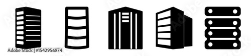Silhouette representations of server racks, data storage, and computing infrastructure icons