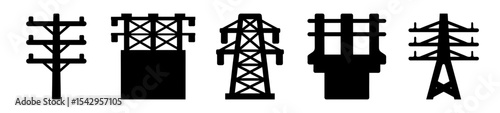 Silhouette illustration of five different types of electrical transmission towers