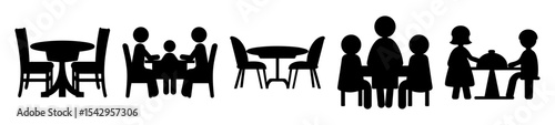Silhouette depiction of people gathering to eat at tables in a restaurant