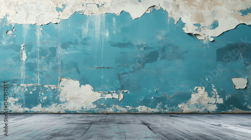 An expressive depiction of a vibrant bluescape evolves: merging with a plastered wall and concrete backdrop, unveiling an emerging masterpiece.