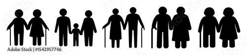 Stick figure families representing different generations in various stages of life