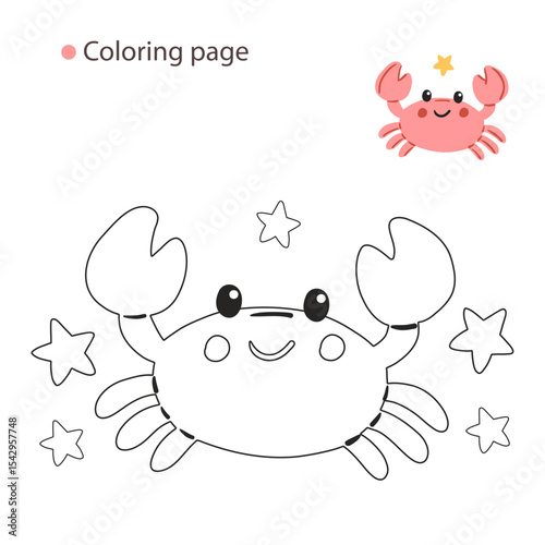 Playful crab coloring book page for kids – outlined design with cheerful face and color reference for creative marine activities.