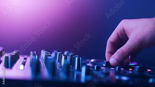 Hand Adjusting Settings on Black Music Mixer in Dark Studio with Neon Purple Lighting