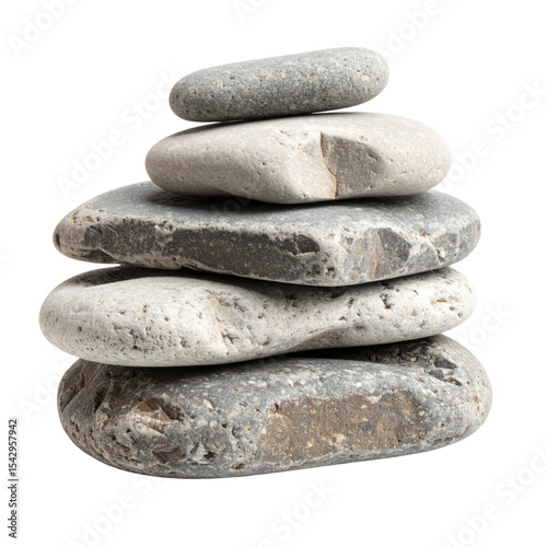 A stack of five smooth, flat river stones arranged in a balanced pile, varying in size and shades of gray with natural textures.