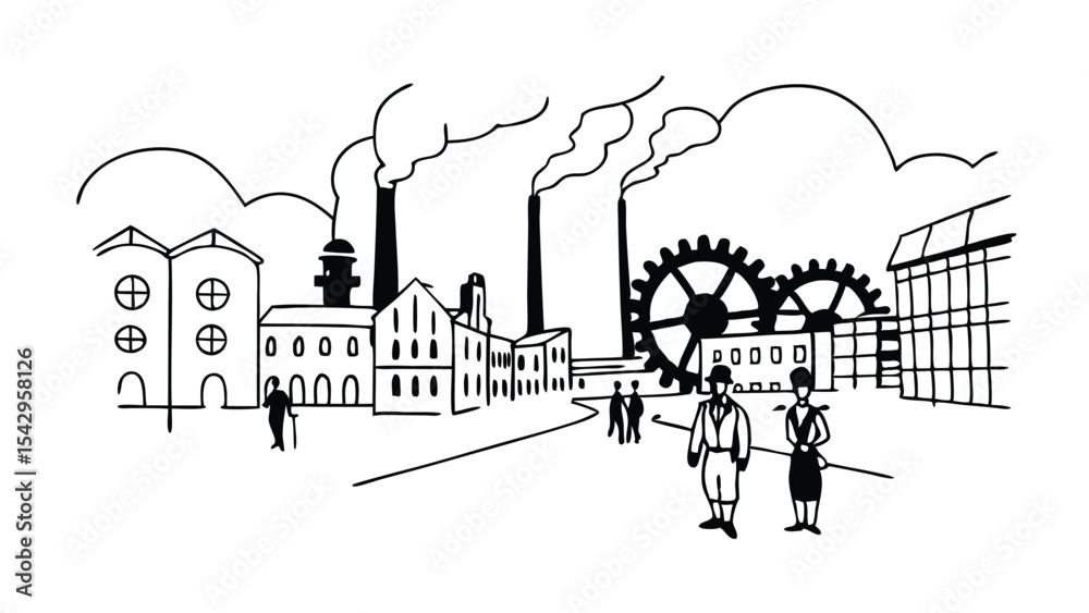 Obraz premium Illustration of an industrial scene with factories, gears, and people in black and white style