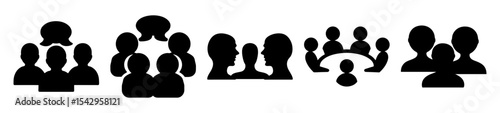 Black and white illustration shows people icons for various concepts and interactions