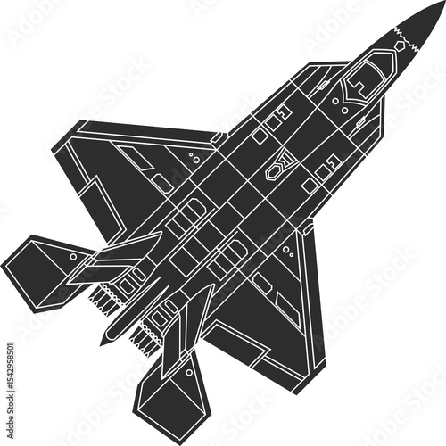  Icon of Turkish TAI Kaan fighter jet top view, TAI Kaan icon isolated on black.