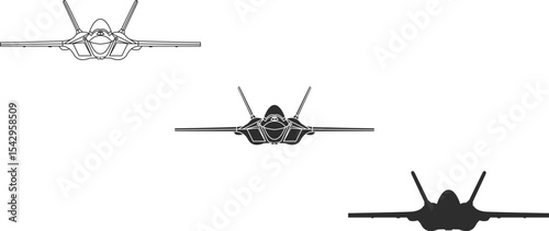 Set of three icons of the Turkish TAI Kaan fighter jet front view, TAI Kaan line icons, isolation and silhouette in black colors.