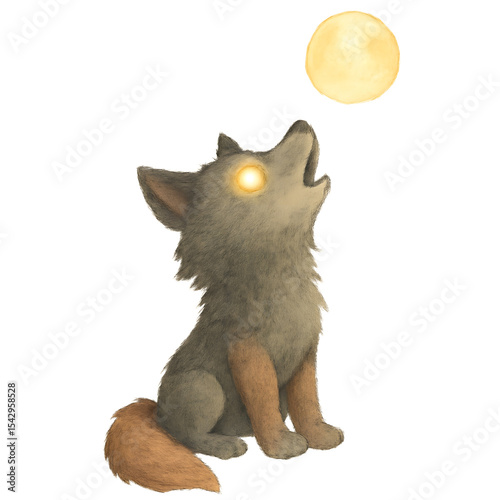 A Lone Wolf's Serenade: A captivating illustration of a solitary wolf, bathed in the soft glow of the moon, its silhouette stands out against the radiant night sky.
