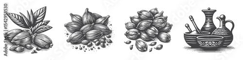 Vintage Hand-Drawn Arabic Nuts and Dates Illustration, Middle Eastern Snack Engraved Style Vector for T-Shirts and Culinary Market Themes Design
