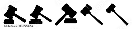 Silhouette images of a gavel in varying poses on a white background
