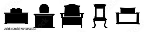 Five silhouettes of antique armchairs and furniture pieces in black and white
