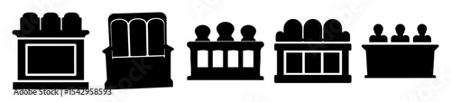 Silhouetted symbols representing various court proceedings with judge, jury and spectators