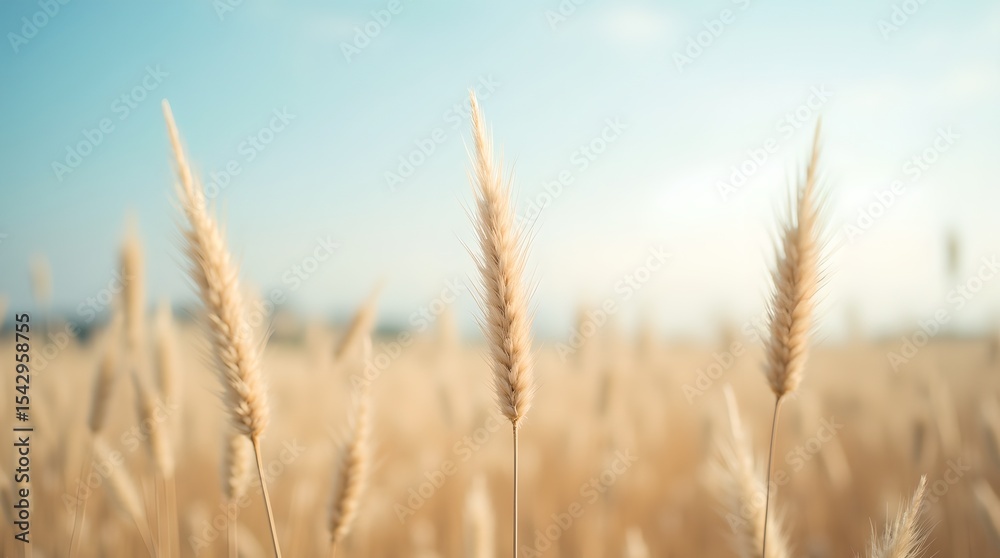 Fototapeta premium Golden Wheat Field at Sunset: Serene Landscape with Blue Sky, Calming Nature, Warm Light, Agriculture, Outdoors