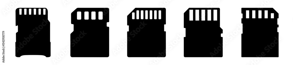 Five MicroSD Card Silhouettes Arranged in a Row, All in Black Color
