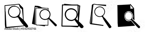 Black and white graphic illustrations of documents being viewed by magnifying glasses
