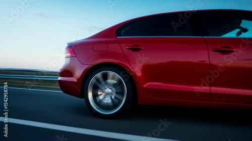 Red sedan speeding along a winding road at sunset, showcasing dynamic motion with blurred background, emphasizing the thrill of driving and the beauty of the open road experience