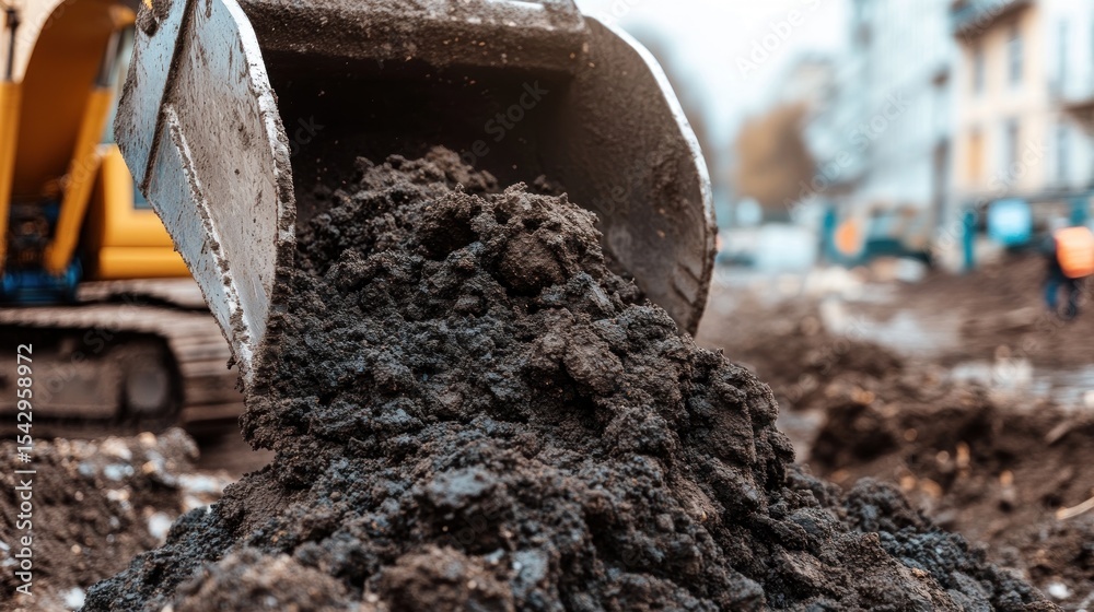 Naklejka premium Excavator bucket full of dark earth