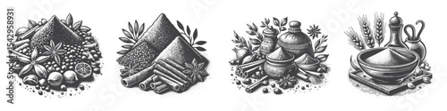 Vintage Hand-Drawn Arabic Seasoning and Herbs Illustration, Middle Eastern Spice Engraved Style Vector for T-Shirts and Culinary Market Themes Design