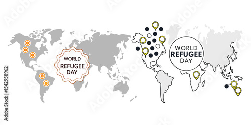 World Refugee Day infographic with world maps showing global refugee locations and international awareness