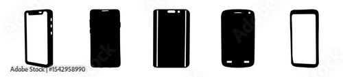 Black and white vector silhouettes of five different types of smartphones
