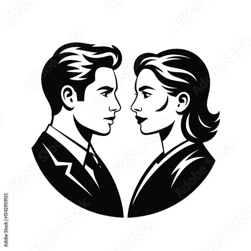 Black And White Graphic Man Woman Facing Each Other Suits vector