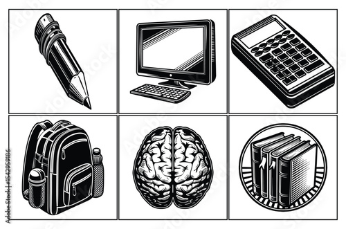 Black and white education and learning related icons and graphic elements vector illustration