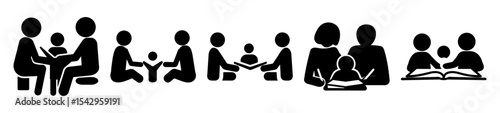 Silhouetted images of adults and children learning, reading, and interacting together