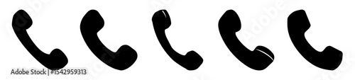 Five stylized black and white telephone handsets arranged in a row