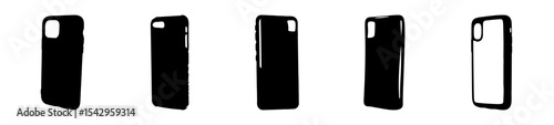 Five stylized black and white cell phone case designs isolated on white