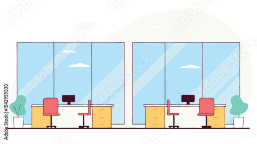 Illustration of two office cubicles with chairs desks computers and plants against a window backdrop