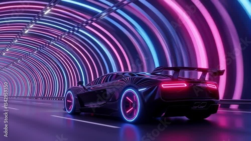 Futuristic sports car is positioned in neon-lit tunnel, with vibrant pink and blue lights illuminating its glossy surface. dynamic ambiance that highlights modern automotive design and technology