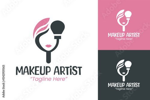 Modern Makeup Artist Logo Design with Brush and Pink Accent