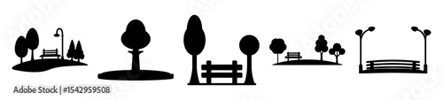 Black and White Park Icons Depicting Trees Benches and Streetlights