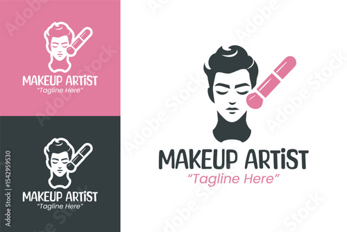 Elegant Makeup Artist Logo with Pink Brush and Black Elements