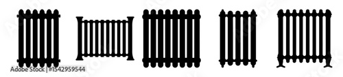 Black Silhouette Depiction of Five Cast Iron Radiators of Varying Styles